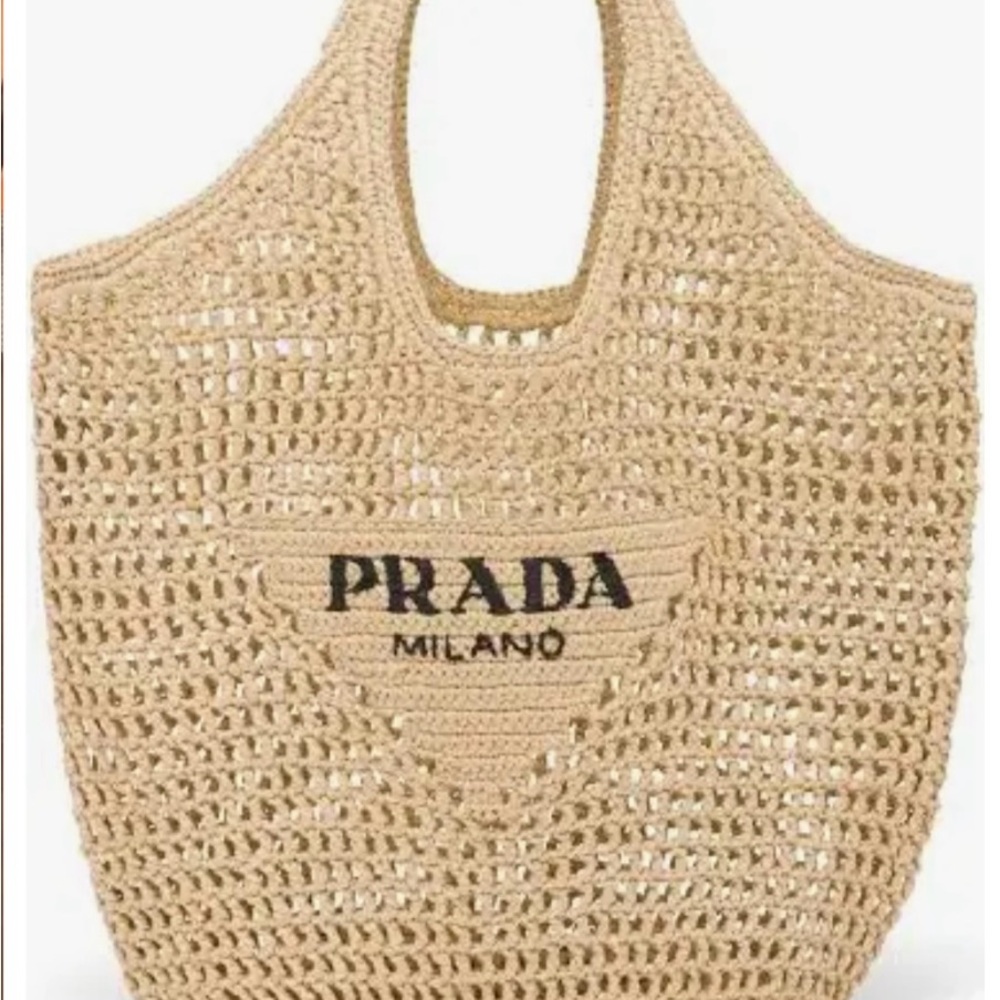 Prada Tan Raffia Crochet Tote Bag